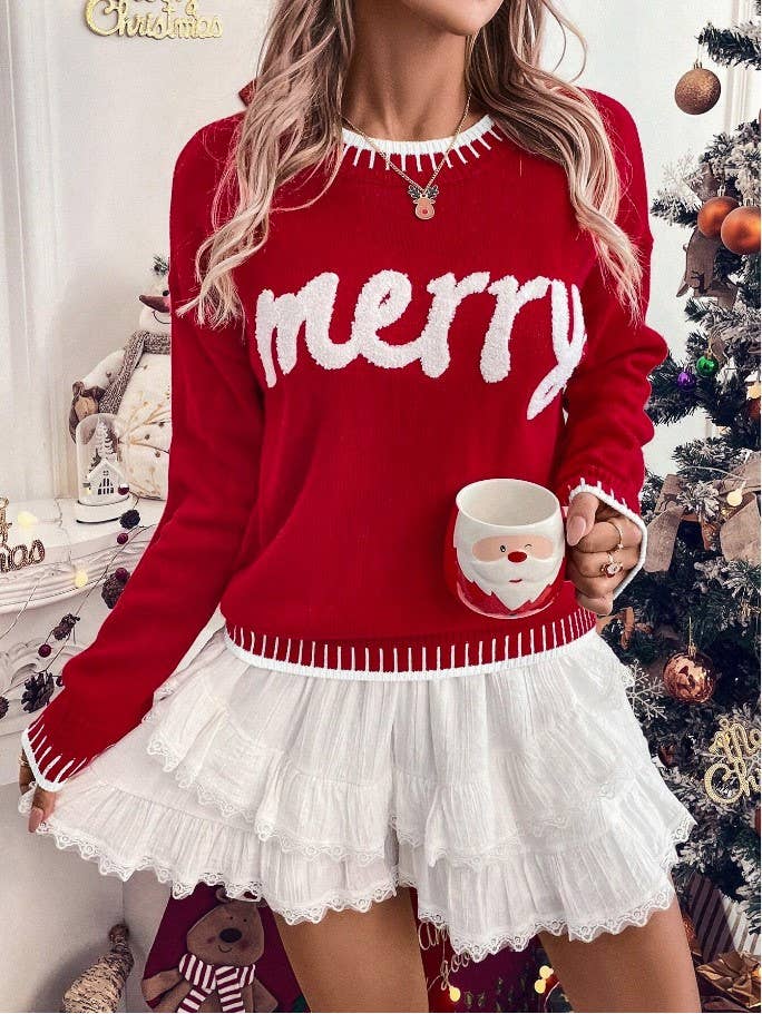 Merry Christmas Contrast Stitch Knit Sweater: RoseRed / L