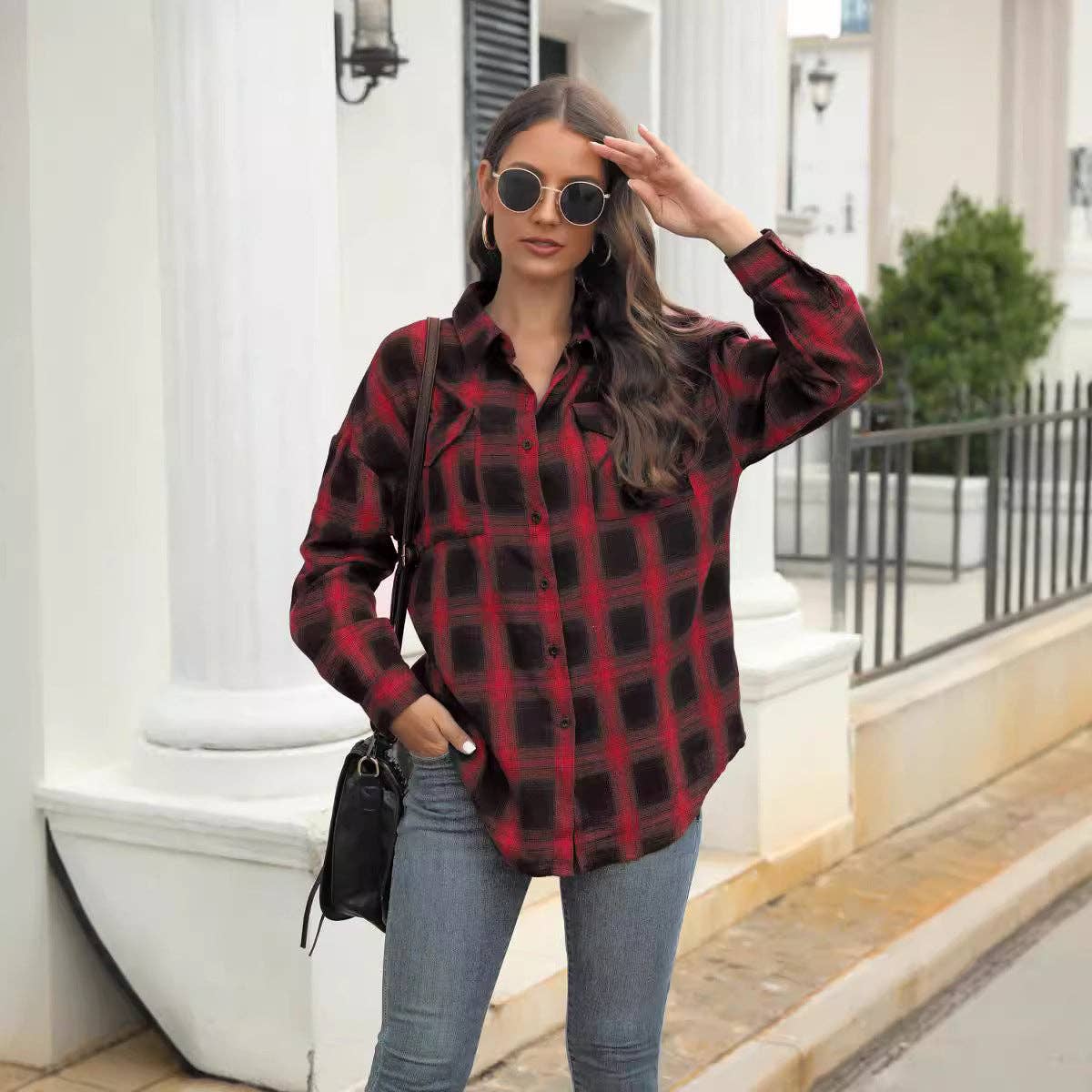Plaid Button-Up Shirt Jacket: Pink / L