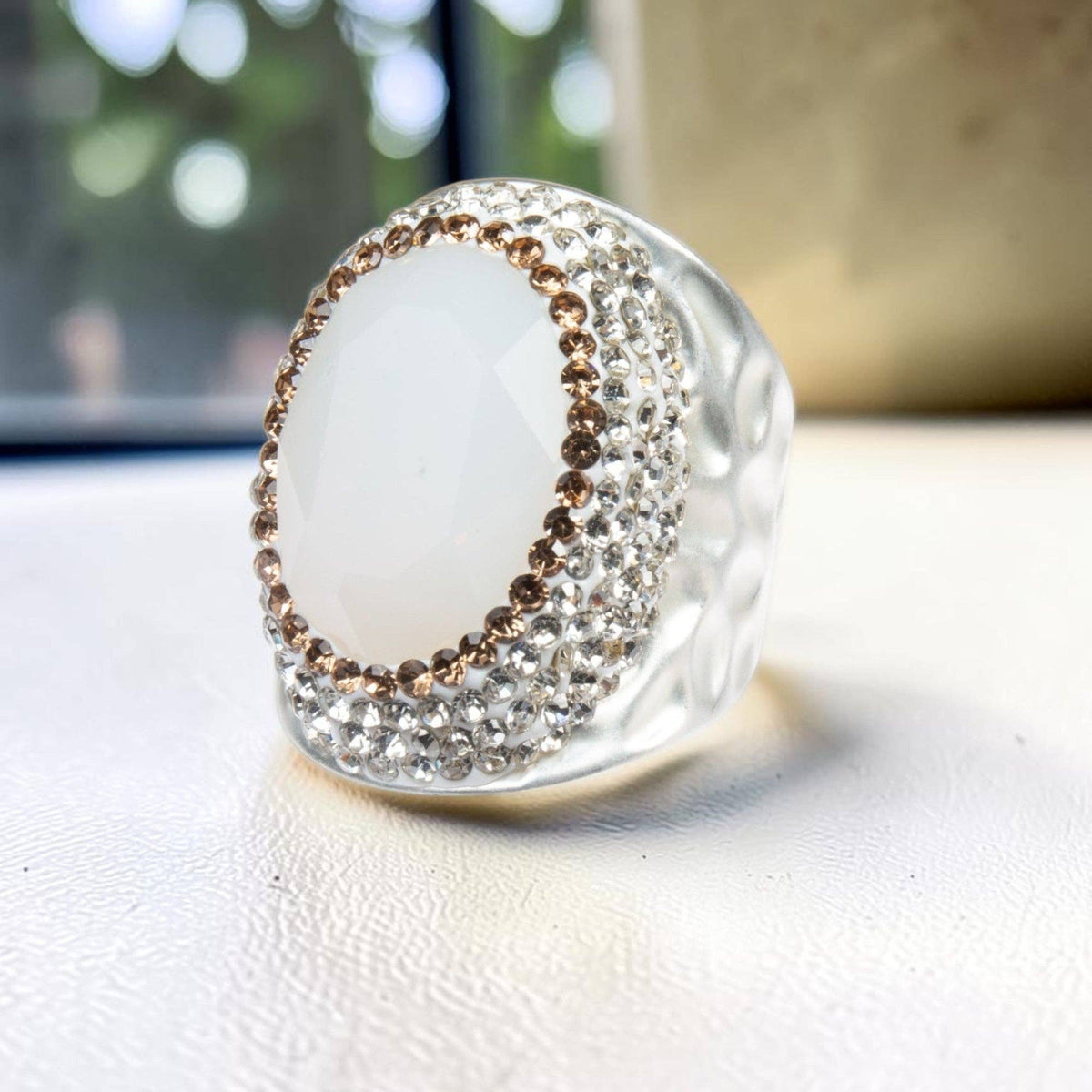 Round Crystal Pavé Cocktail Ring R2531 - White Opal: Black