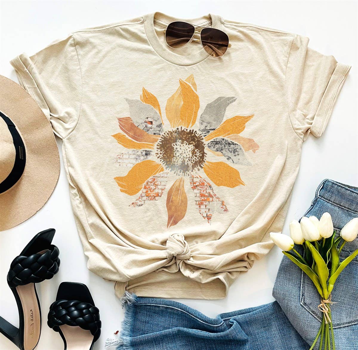 Grunge Sunflower Summer FLower Floral yellow t Graphic tee: Sand
