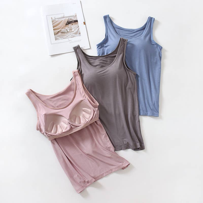 Skin-friendly soft round neck built-in bra tank top: Black / L