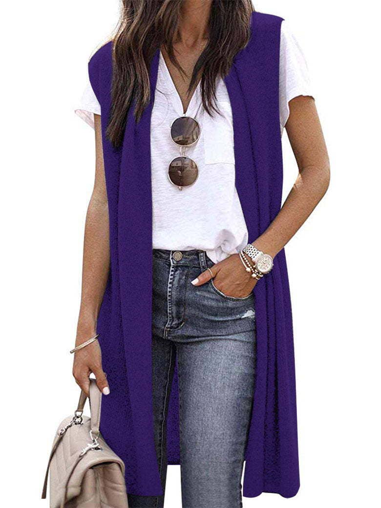 Trendy Longline Sleeveless Cardigan Vest for Women: Purple / L