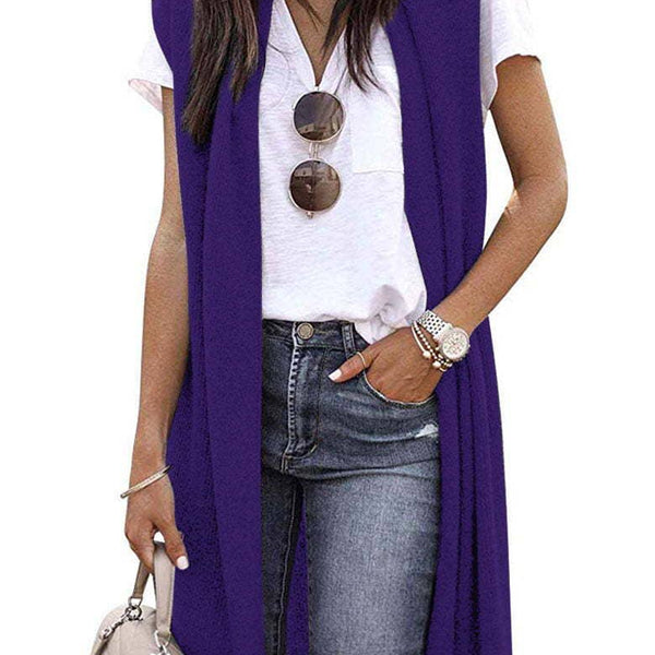Trendy Longline Sleeveless Cardigan Vest for Women: Purple / L
