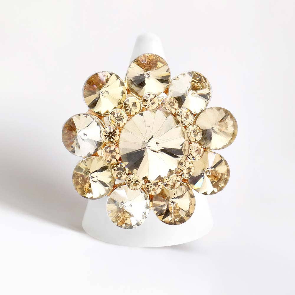 Round Crystal Flower Stretch Ring: Gold