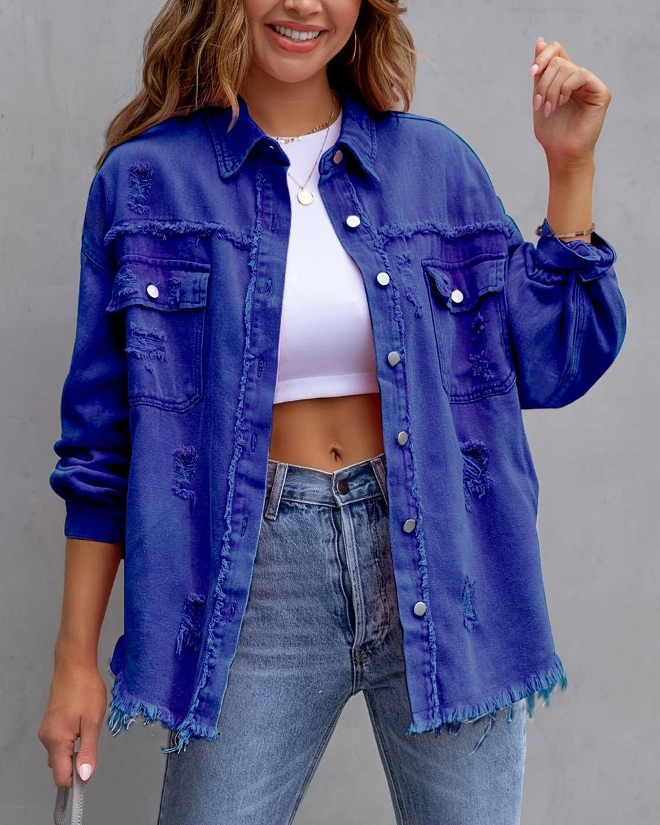 Ripped Loose Denim Jacket: Violet / M