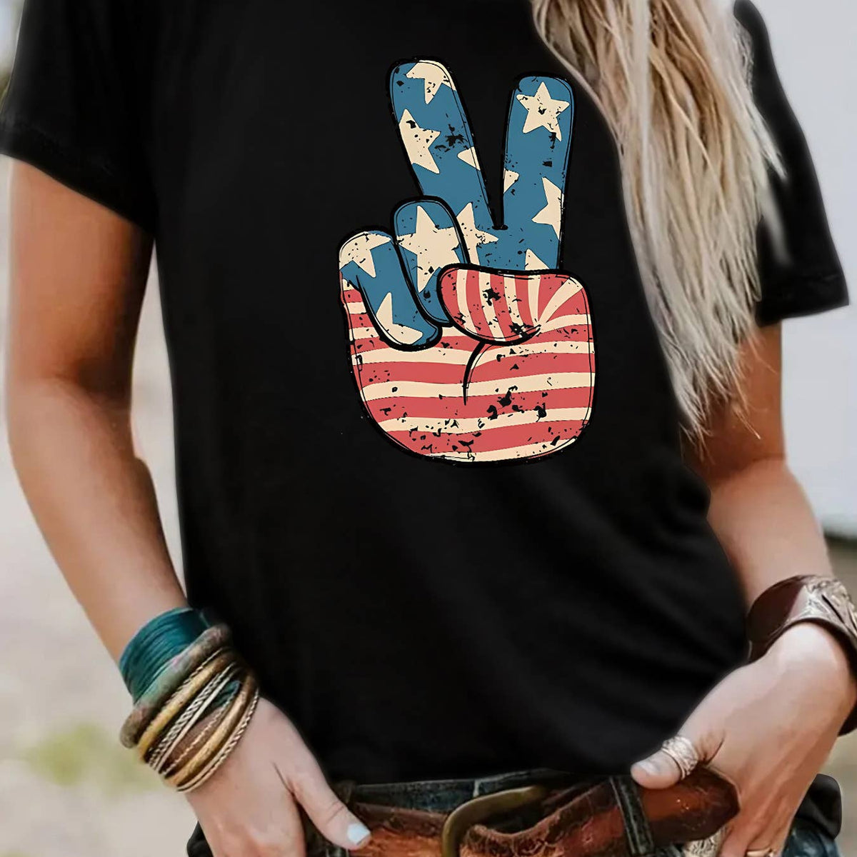 Peace Hand Sign With American Flag T-Shirt: DarkGrey / XL