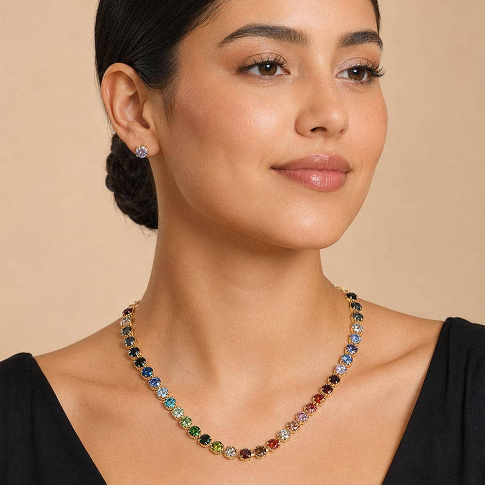 Round Stone Cluster Link Tennis Chain Evening Necklace: Gold,Multi