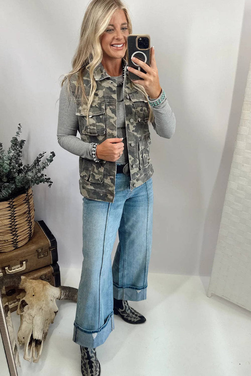 Camo Vest Utility Cargo Denim with Button Front Pockets
