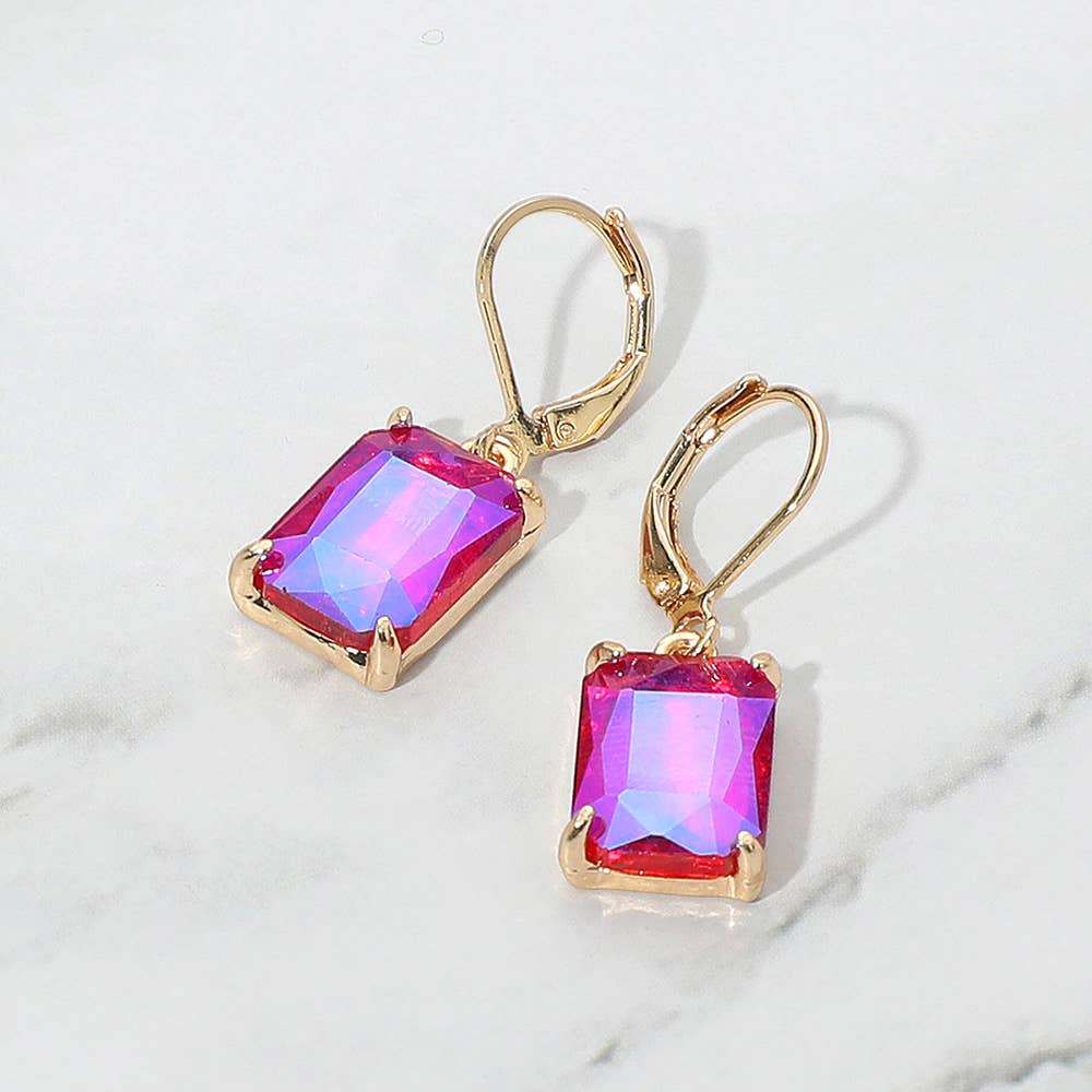 Rectangular Glass Stone Drop Dangle Earrings: Clear,Silver