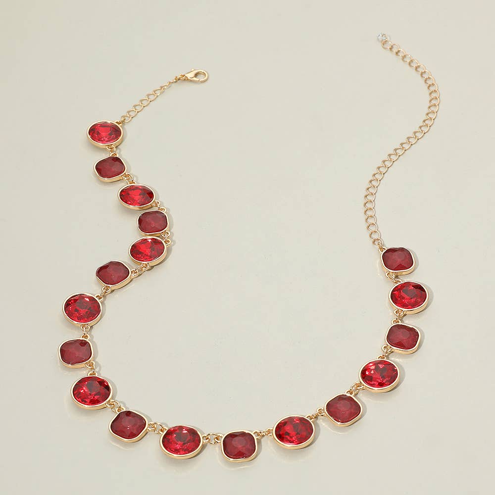 Round Square Stone Bezel Cluster Link Necklace: Clear