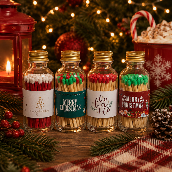 Christmas / Holidays Match Bottles w 50 2" Matches & striker: Happy Holidays / Candy Cane