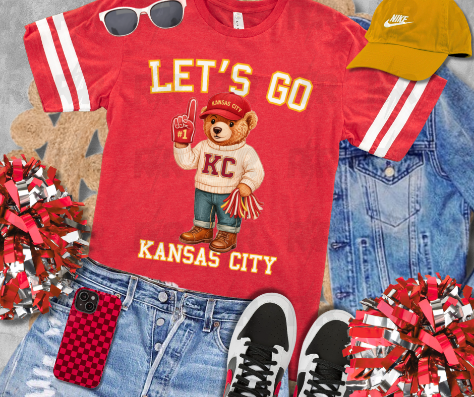 KC Vintage Bear Fan - Let's Go Kansas City - Red Jersey Tee