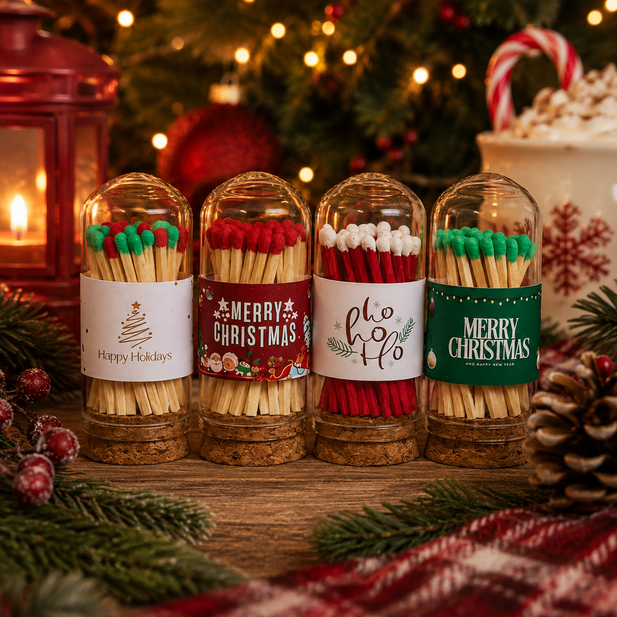 Christmas / Holidays Glass Cloche Matches | 30 Matches: Merry Christmas Red / Candy cane