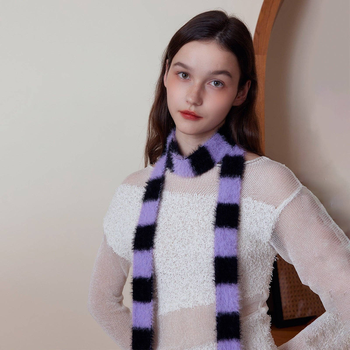 Trendy Striped Knitted Scarf for Women: Black and White Patchwork