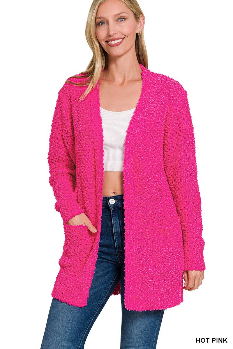 Long Sleeve Popcorn Sweater Cardigan With Pockets: BROWN / 1-1-1-1 (S-M-L-XL)