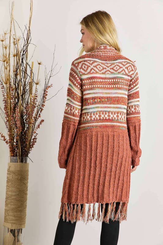 Fringe Hem Aztec Cardigan: RUST / 3-3 (S/M-M/L)