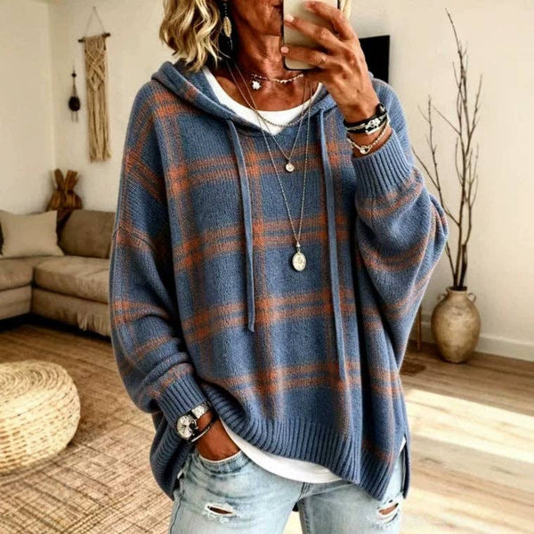 Plaid Hooded Oversized Knit Pullover Sweater: Blue