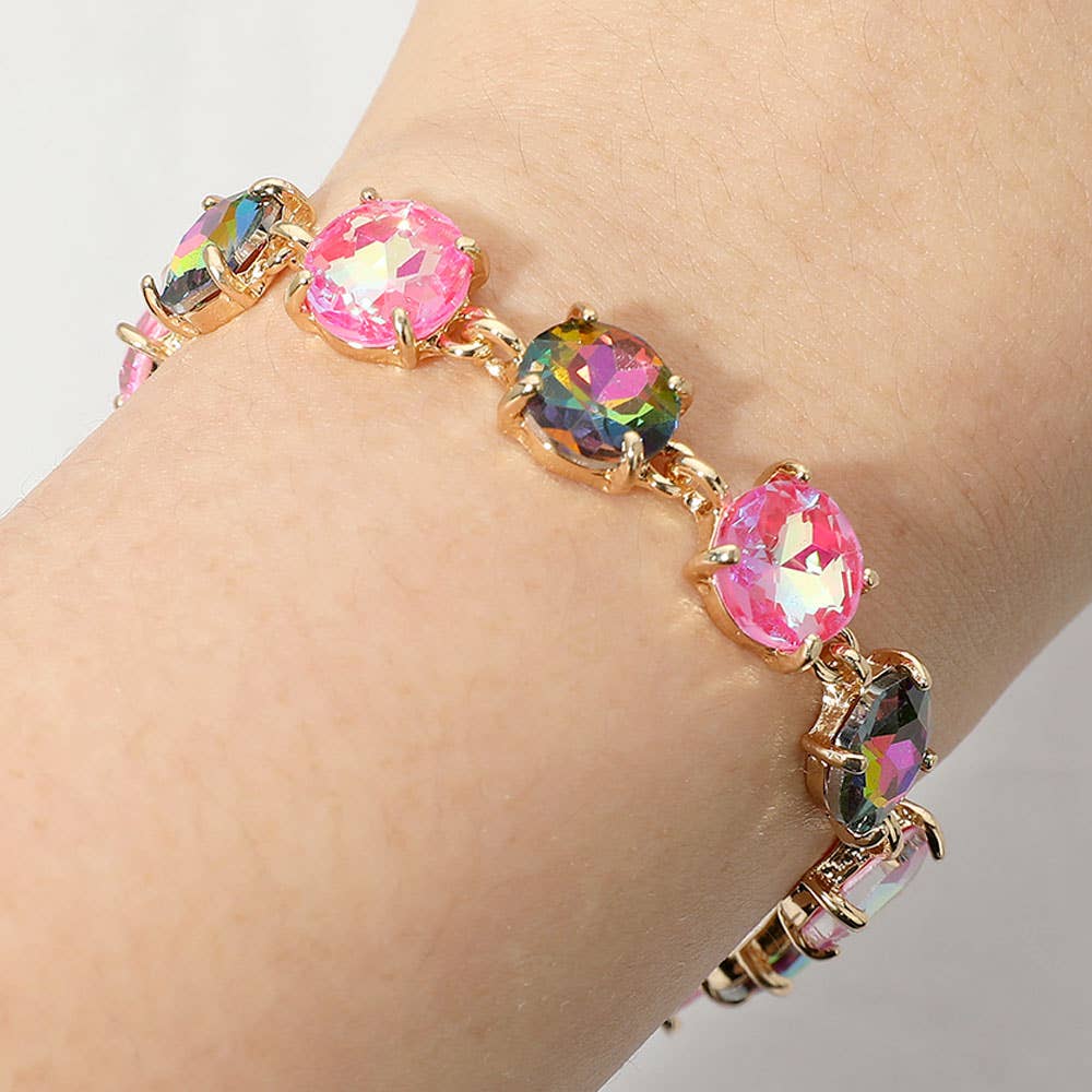 Round Stone Link Evening Bracelet: AB,Dark,Pink