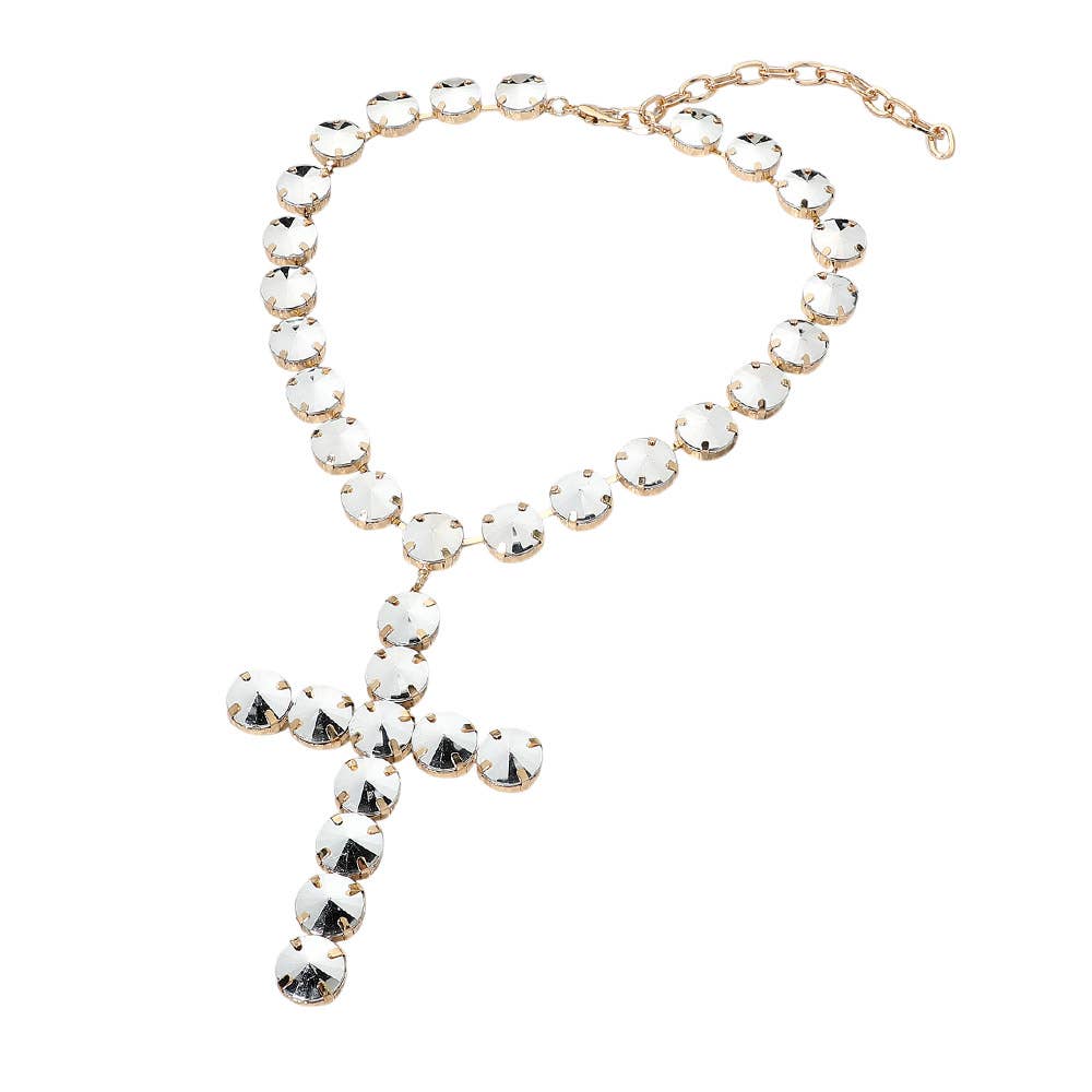SECRET BOX_Round Crystal Cross Pendant Statement Evening Necklace