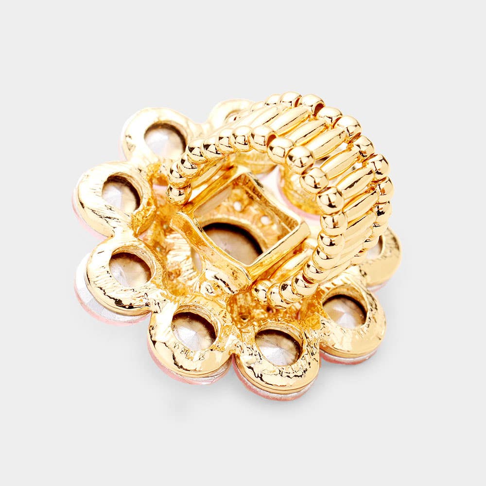 Round Crystal Flower Stretch Ring: Gold