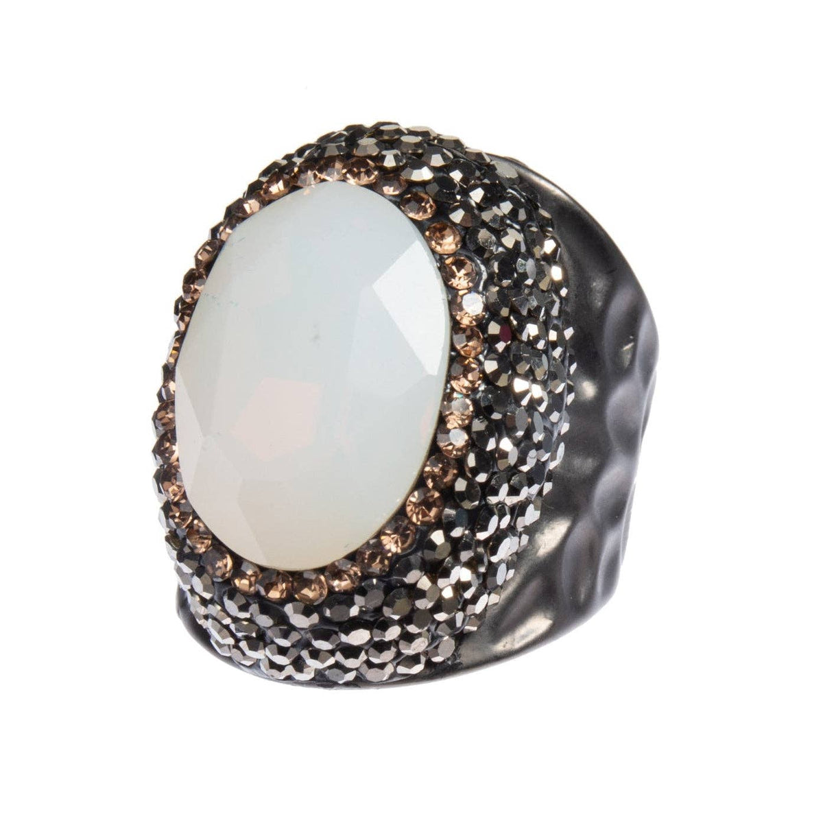 Round Crystal Pavé Cocktail Ring R2531 - White Opal: Black