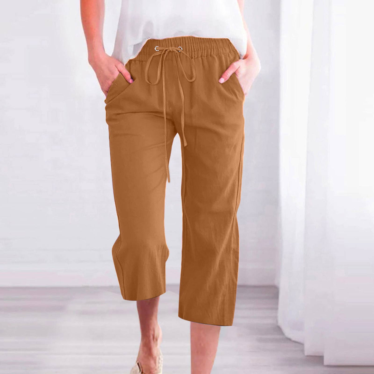 Casual Cropped Pants with Drawstring Waist and Pockets: DarkBlue / L