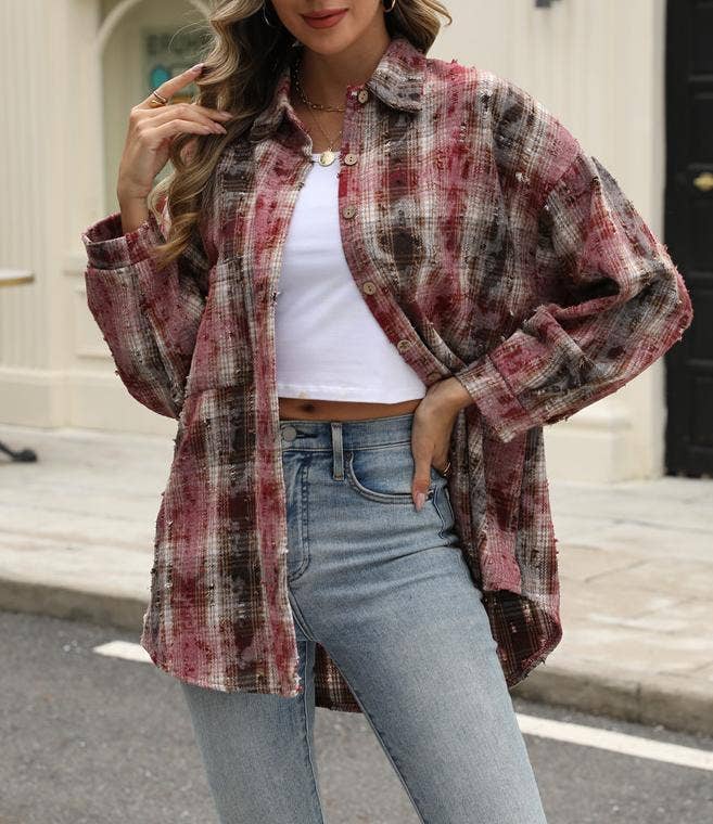 Plaid jacket checked ripped shacket: Red / XL