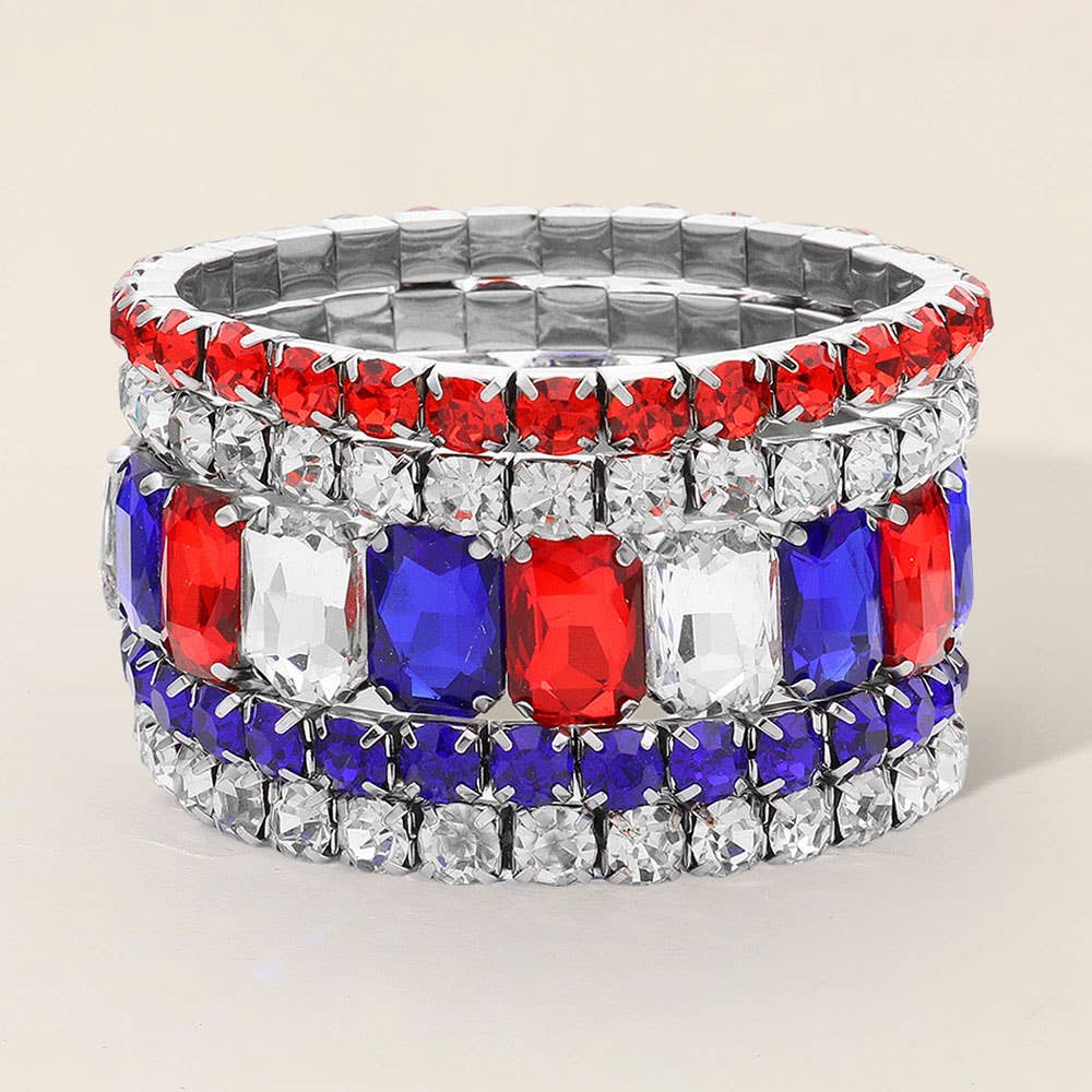 5PCS - Emerald Cut Round Stone Stretch Evening Bracelets: SILVER AB