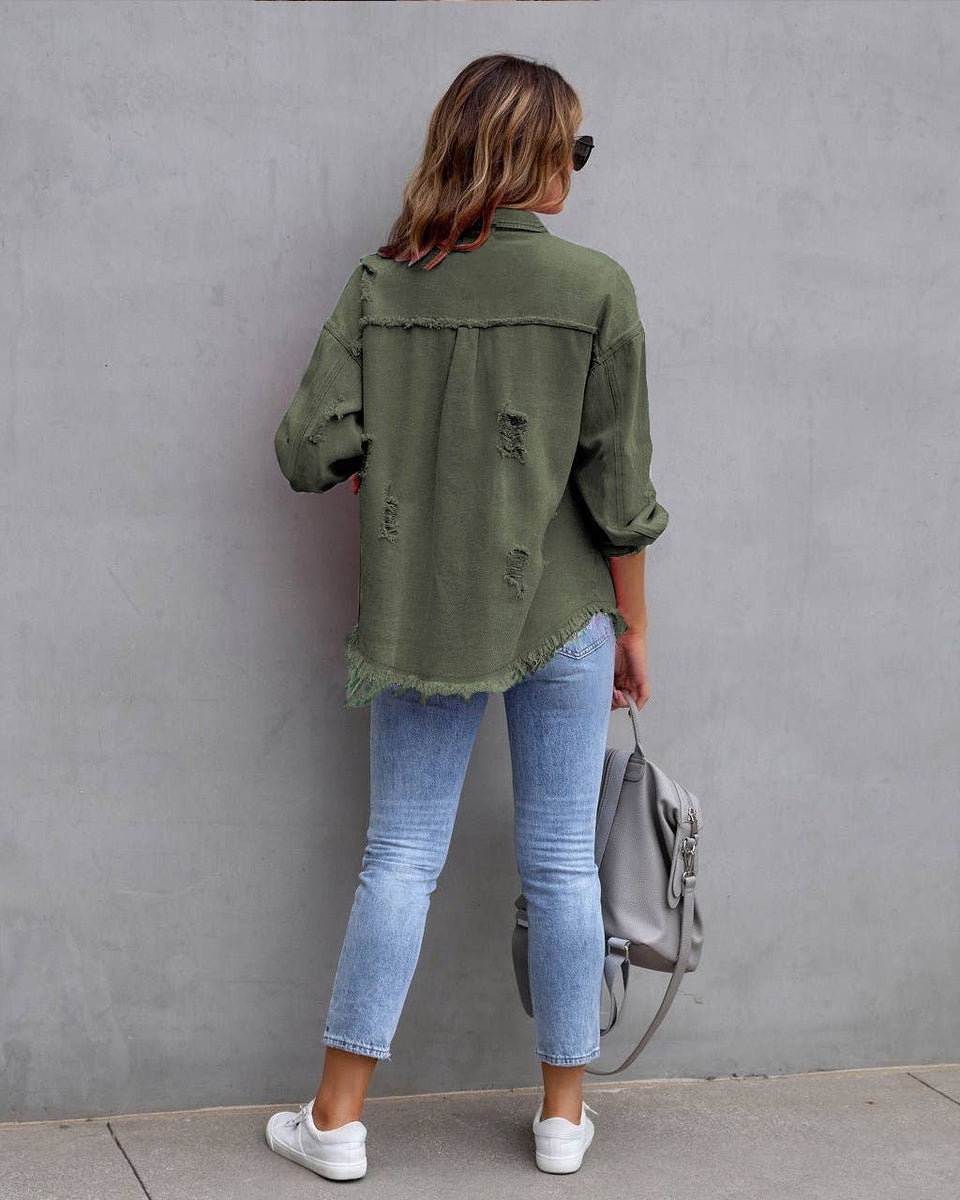 Ripped Loose Denim Jacket: Violet / M