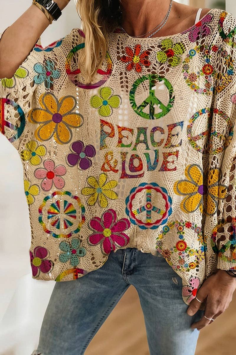Floral Graphic Openwork Pullover: MULTI
