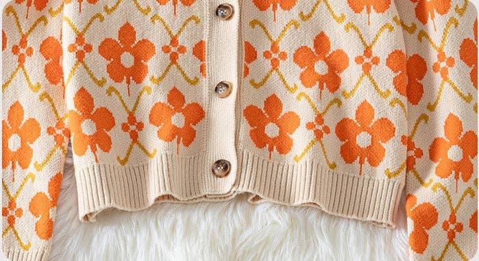 Floral Jacquard Sweater Knitted Cardigan: Orange Apricot