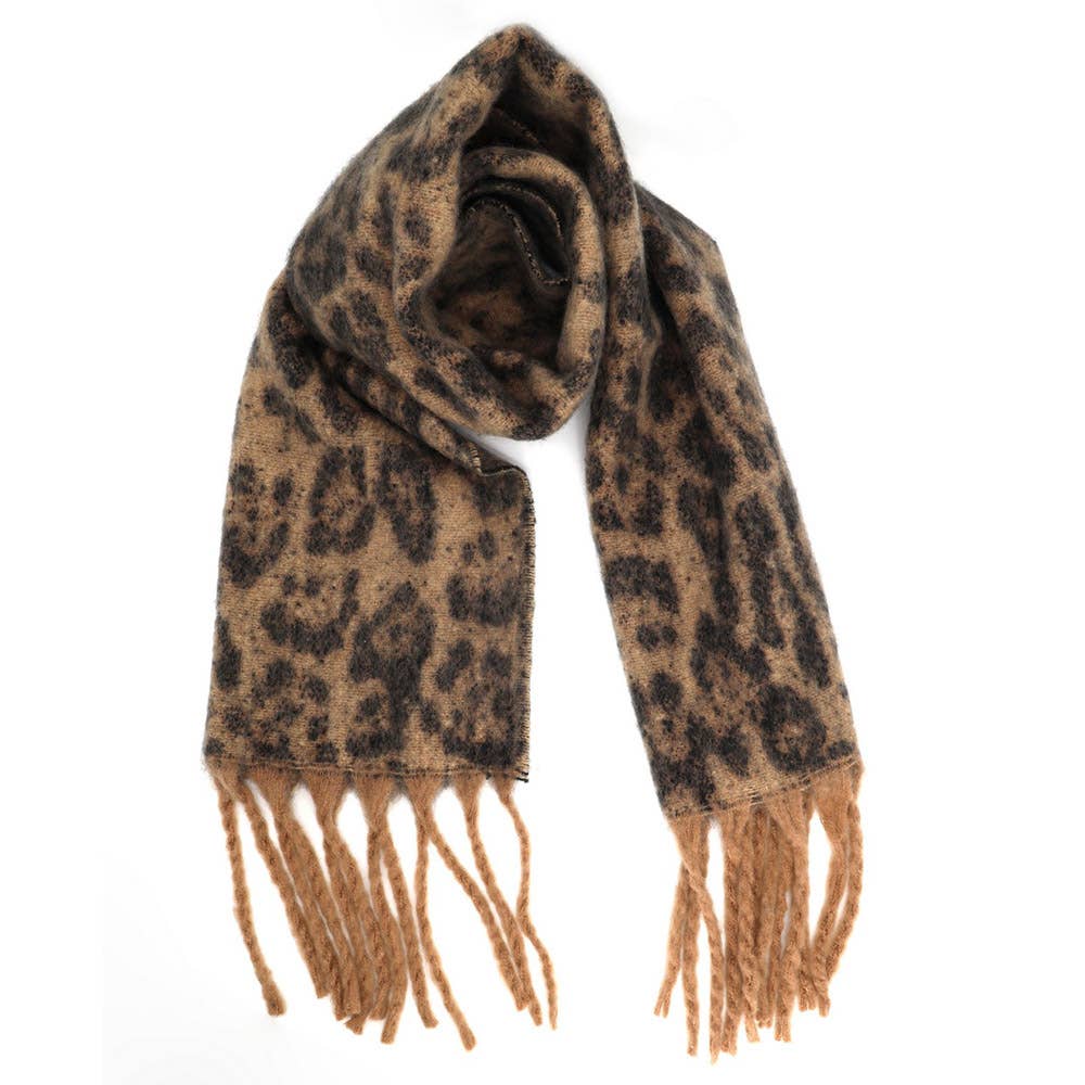 Leopard Animal Print Brushed Fringe Winter Scarf: Beige