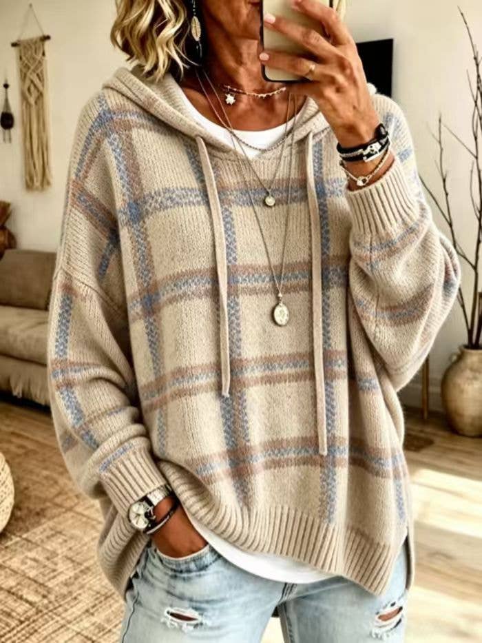 Plaid Hooded Oversized Knit Pullover Sweater: Blue