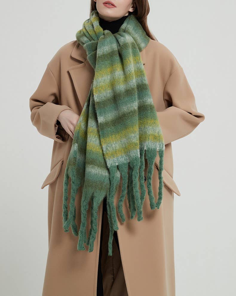 Multicolor stripe cozy soft fringe scarf wrap: Beige / M