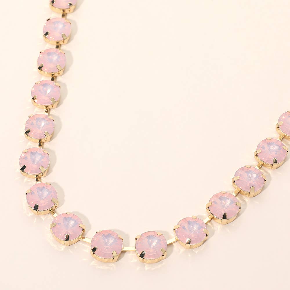Round Cut Stone Cluster Link Evening Necklace: Gold,Opal,Pink