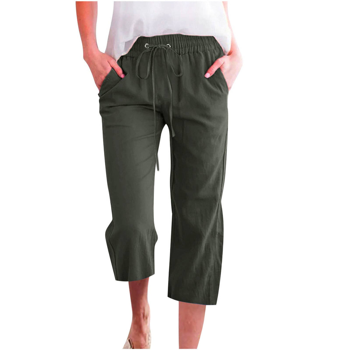 Casual Cropped Pants with Drawstring Waist and Pockets: DarkBlue / L