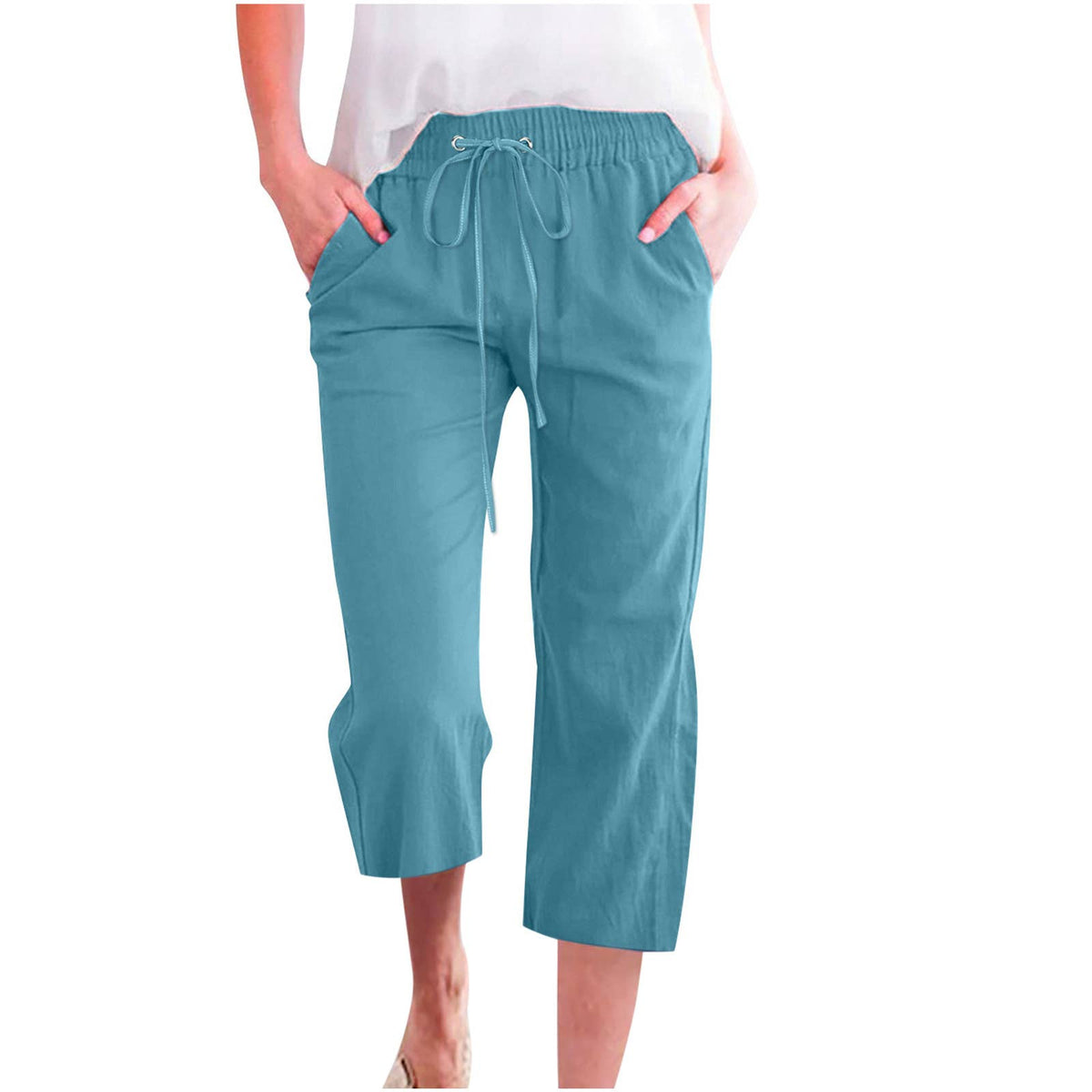 Casual Cropped Pants with Drawstring Waist and Pockets: DarkBlue / L