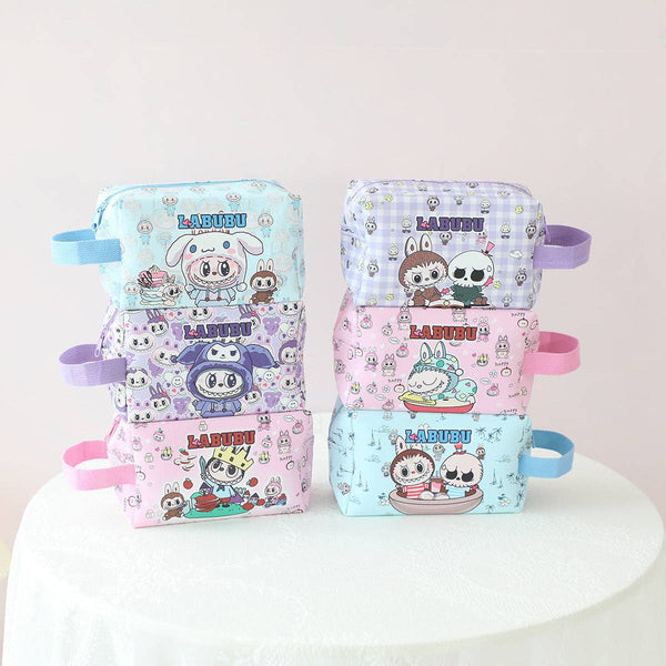 Labubu cute cartoon large capacity cosmetic bag: Blue Labubu with Cinnamoroll hat