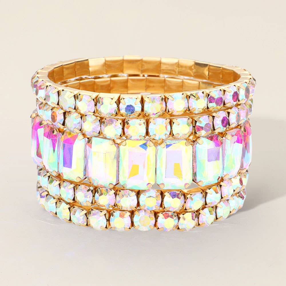 5PCS - Emerald Cut Round Stone Stretch Evening Bracelets: SILVER AB