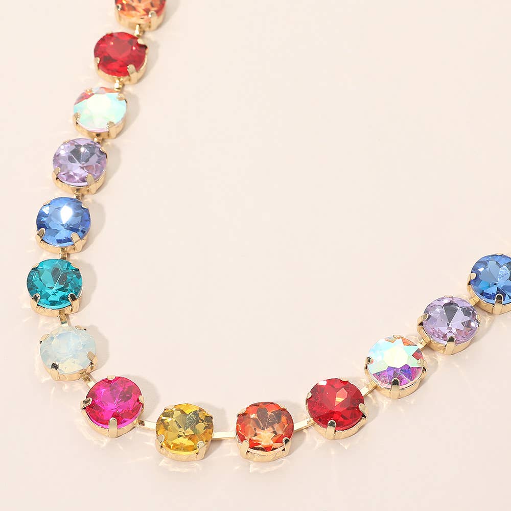 Round Cut Stone Cluster Link Evening Necklace: Gold,Opal,Pink