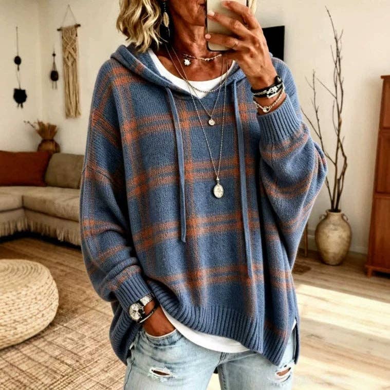 Plaid Hooded Oversized Knit Pullover Sweater: Blue