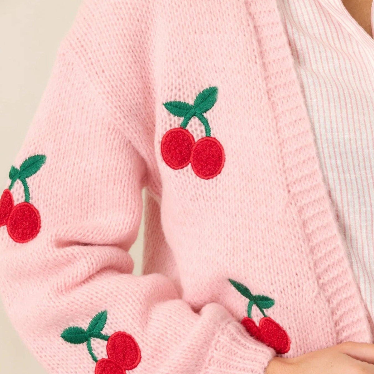 Cherry Embroidery Pink Sweater Cardigan