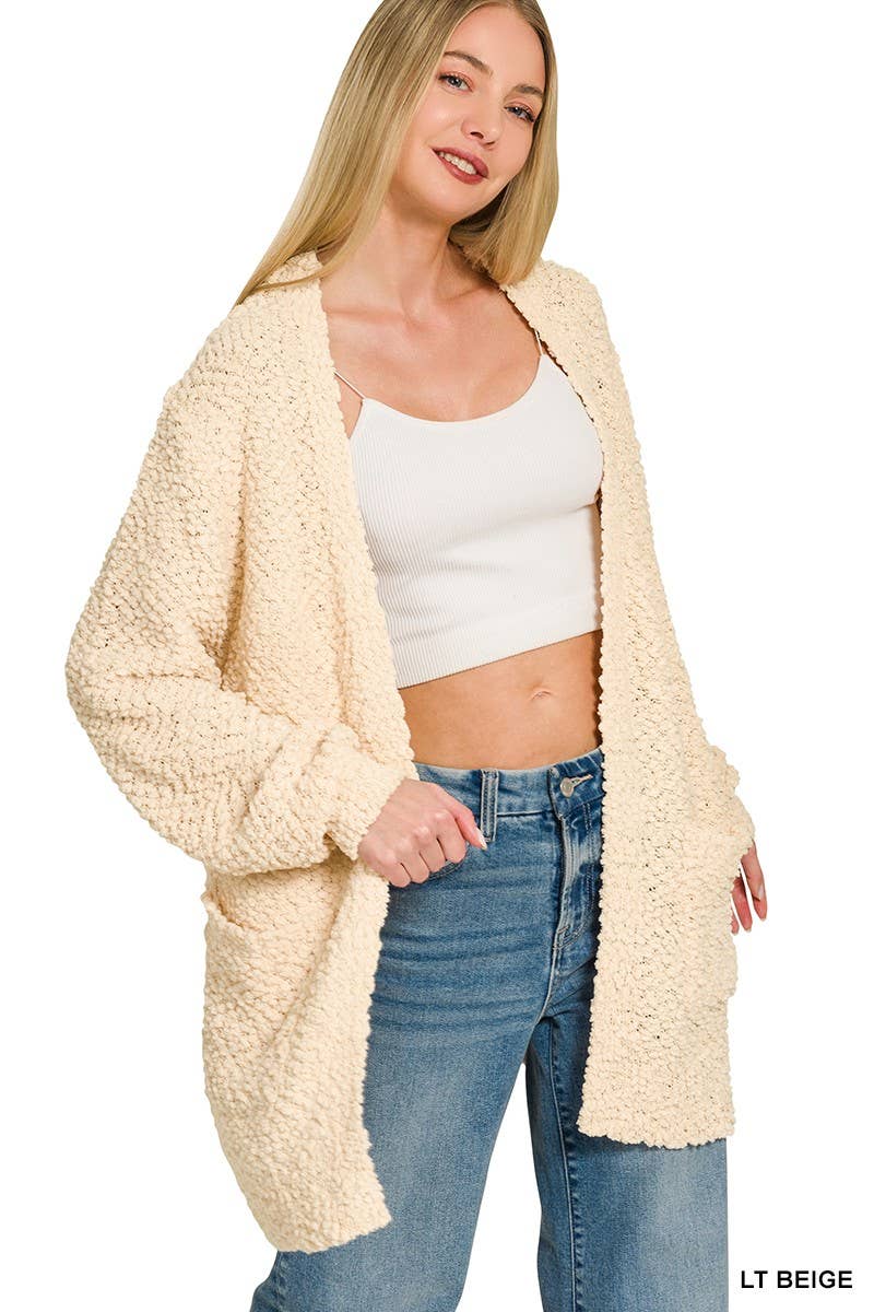Long Sleeve Popcorn Sweater Cardigan With Pockets: ASH JADE / 1-1-1-1 (S-M-L-XL)