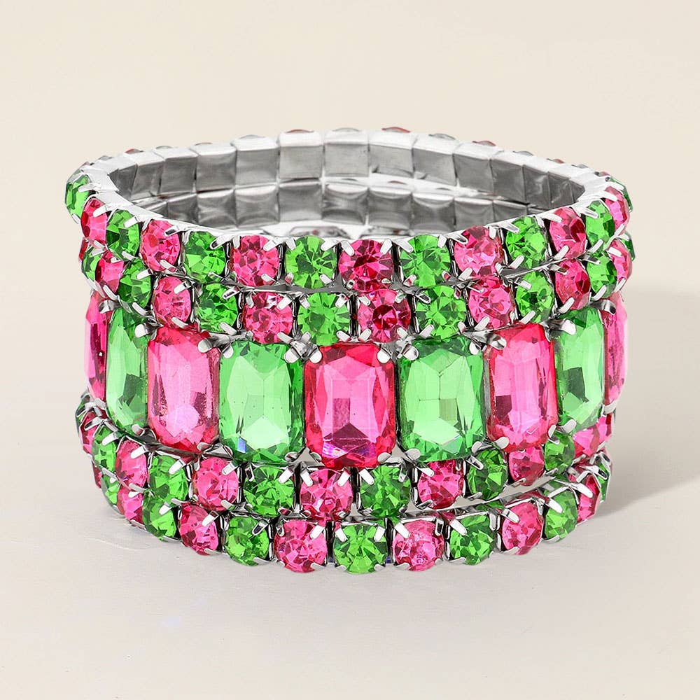 5PCS - Emerald Cut Round Stone Stretch Evening Bracelets: GOLD CLEAR