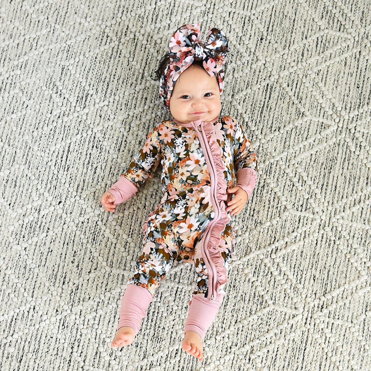 Palmer RUFFLE ZIP Bamboo Floral One Piece Baby Outfit: 3-6m