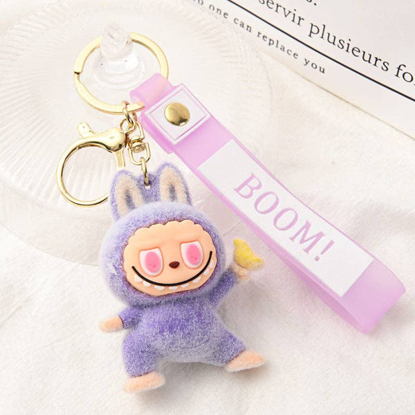Flocking Yoga labubu keychain Labubu pendant cute gift: Purple