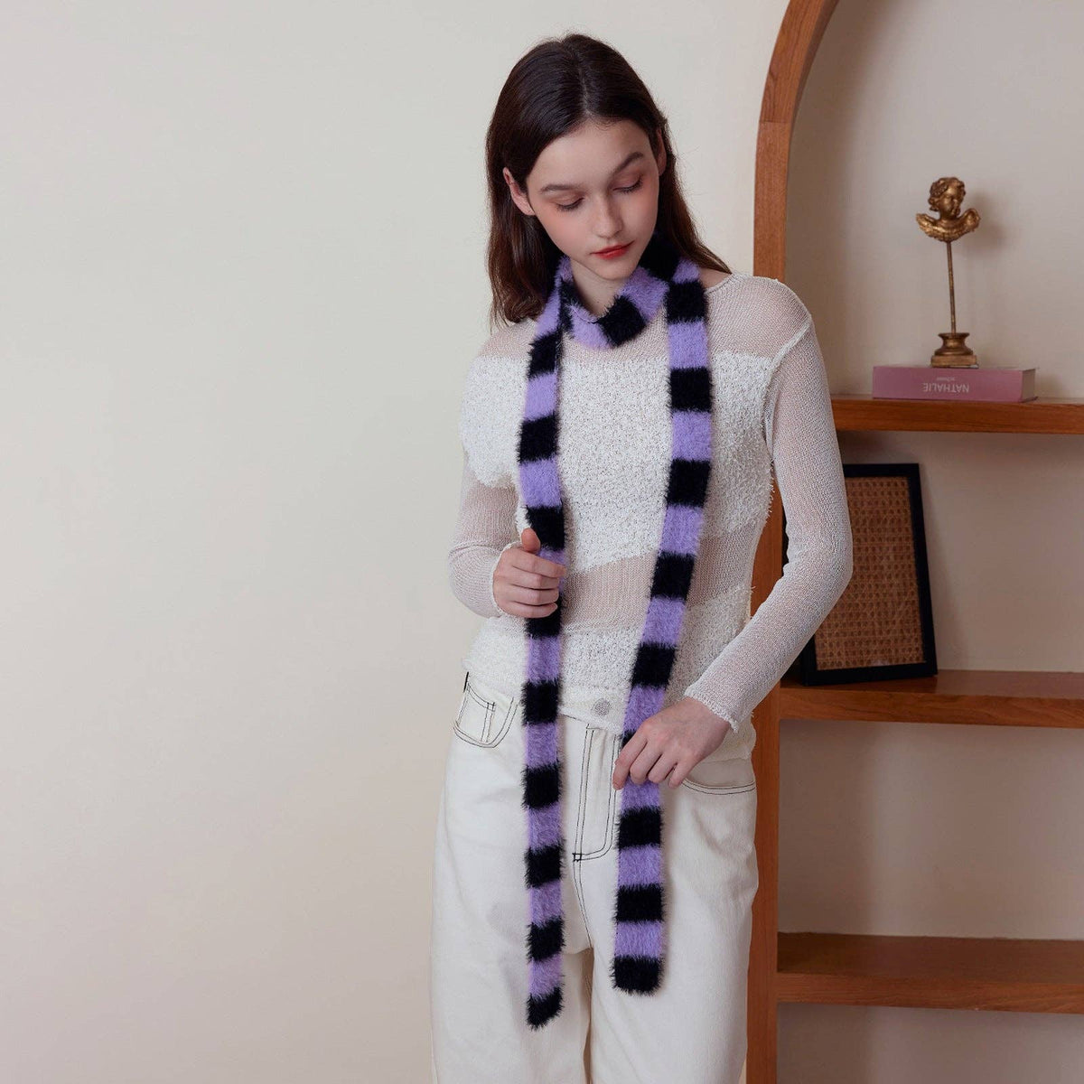 Trendy Striped Knitted Scarf for Women: Black and White Patchwork