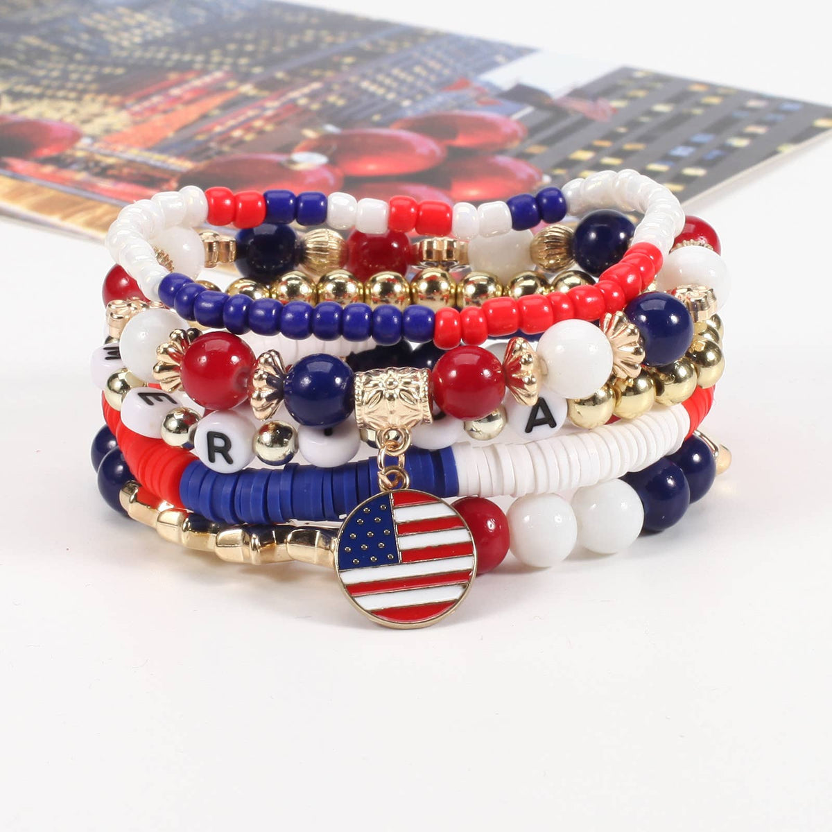 4th of July Red White Blue Flag Beaded Bracelet