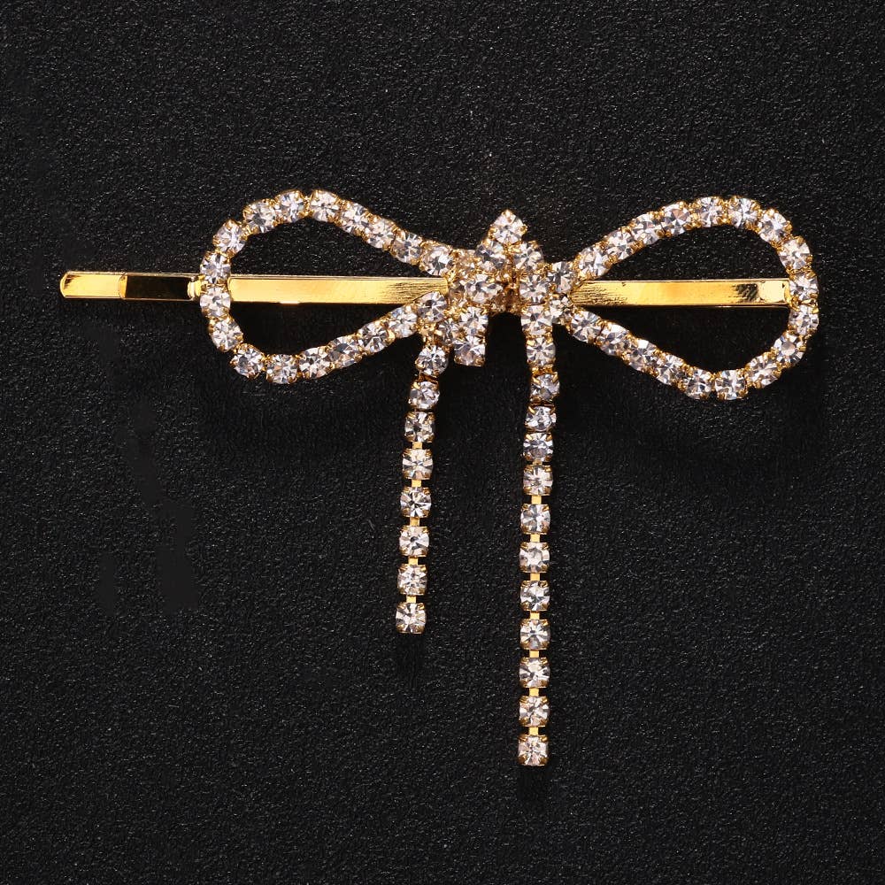 Sweet rhinestone bow hairpin diamond tassel ribbon hairpin: Gold