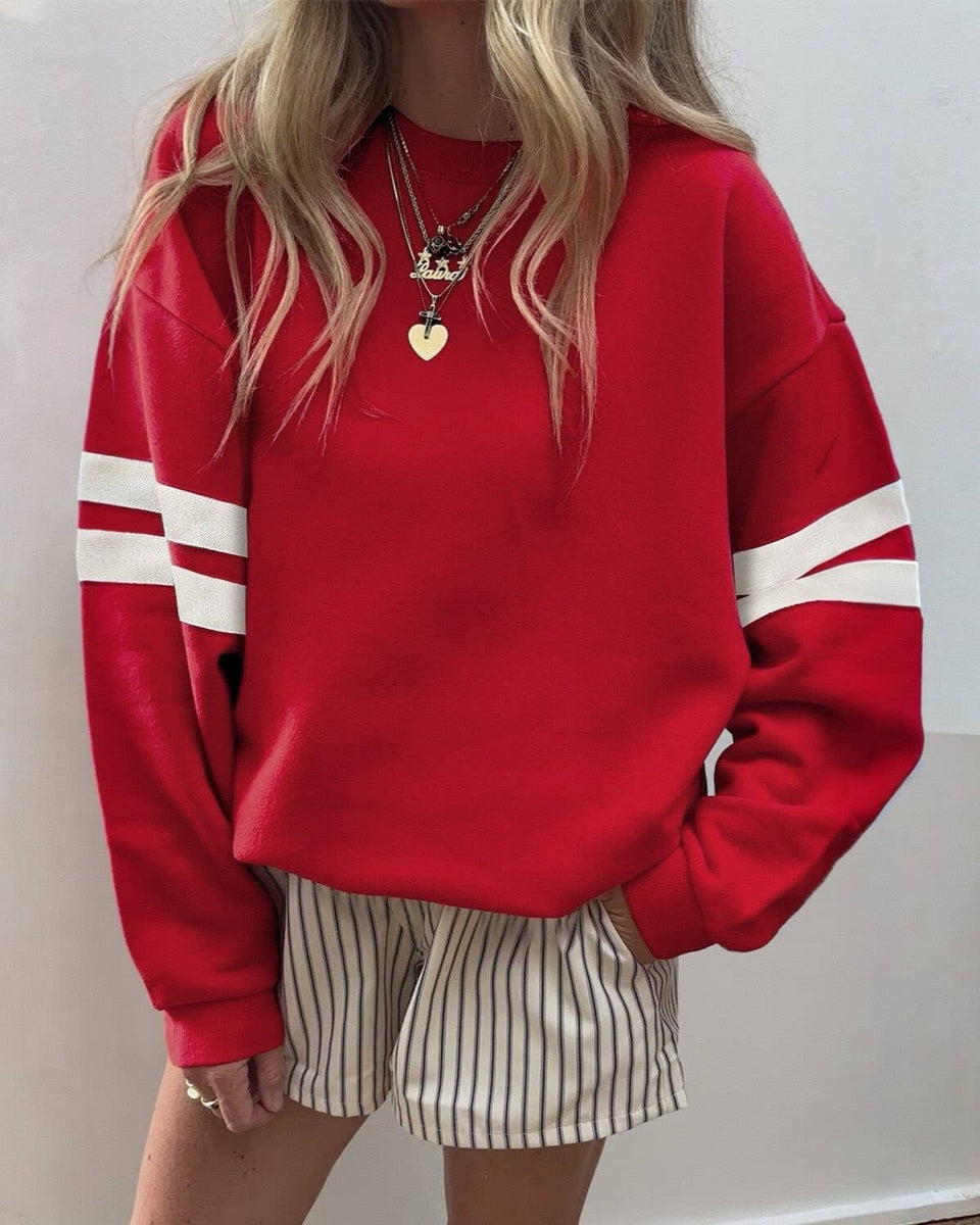 Athleisure Color Block Pullover Striped Sweatshirt: Red / L